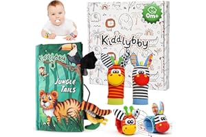 Kiddlybby Set Sensorial Premium para Bebés 0-12 Meses: Libro de Tela Interactivo Jungle Tails + Calcetines y Muñequeras con Sonajeros | Estimulación Temprana Multisensorial | Regalo Educativo