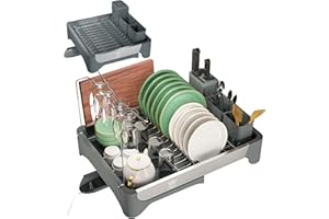 PRIME FEEL Expandable Dish Drainer Rack with drip tray, Stainless Steel Dish Drying Rack with Cutlery Holder, Glass & Cutting Board Holder, Foldable Draining Board Rack for Kitchen Countertop, Grey
