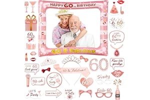60th Brithday Decoration, SPLAKS Rose Gold Birthday Photo Booth Frame with 32PCS Photo Booth Props, 60th Birthday Gifts for Women Birthday Gifts for Her, 120 x 190 cm (BTDPhoto60)