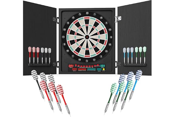 HOMCOM Cible Jeu de fléchettes électronique refermable 27 Jeux 202 Variations jusqu'à 8 Joueurs Affichage LED Haut-Parleur 12 fléchettes et 30 Pointes Souples de Rechange Noir