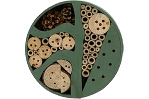 CAROUSEL HOME Round Green Wooden Insect Hotel | Bee & Bug House for Garden Insects | Natural Habitat for Bees, Butterflies & Ladybirds - 25cm ~ Colour Varies