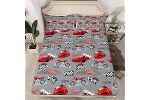 MANFEI Racing Fitted Sheet Single Size, Red Sports Cars Motorbikes Bedding Set 2pcs for Kids Boys Room Decor, Extreme Sports Theme Bed Cover with 1 Pillowcase, Soft Polyester Bedding
