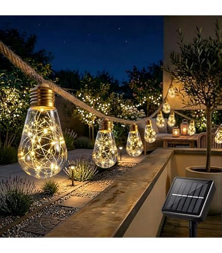 Catena Luminosa Solare Per Esterni 12,5m Con 20 Lampadine | Luce Bianca Calda, 8 Modalità, Timer, Corda In Canapa Vintage