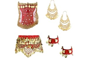 Kakonia 4 Ensembles Femmes Accessoires de Danse du Ventre Danse du Ventre Hanche Écharpe Wrap Ceinture Bohème Pièce d'Or Boucles d'Oreilles Pendantes Petites Pièces