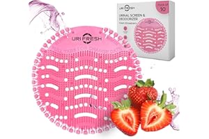 Uri-Fresh Urinal Screen & Deodorizer - Urinal Mat - Long-Lasting Fragrance for Men's Restrooms, Toilet, or Bathroom - Reduce Splash & Block Odors - Strawberry Scent (10 Pack with Gloves)