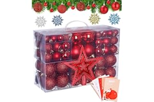 Bixury Weihnachtskugeln Rot Weihnachtskugeln Kunststoff, 105er Set Christbaumkugeln Rot Weihnachtsschmuck mit Christbaumspitze Stern, Weihnachtsbaumkugeln mit 4 Schneeflocken Deko Plus 5 Karte