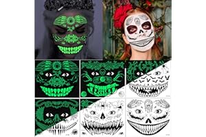 FLYFTREY 6 Feuilles Lumineux Halloween Tatouages Temporaires pour visage, Crâne mort Squelette Araignées Toile Chauve Souris Tatouages Éphémères pour Halloween Carnaval Maquillage Déguisements Accessoires