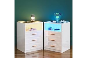 ‎FIGBIRD Figbird LED Nachtschrank mit kabellose Ladestation,Hochglanz Nachttisch mit Touch-Screen,Nachtkommode mit 3 Schubladen und USB/TYPE-C Aufladung für Wohnzimmer(White Set of 2)