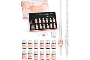 ZITFRI Glass Dip Pen Set 16pcs Crystal Ink Pen with 2 Glass Pens, 12 x 7ml Colorful Inks, Pen Holder and Cleansing Cup, Sakura Glass Dip Pen and Ink Set for Gift Art Writing Drawing Signatures Calligraphy