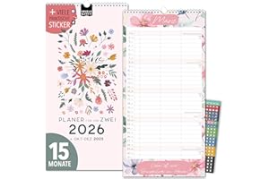 ‎SPIELEFABRIK Paarplaner 2026 3 Spalten GARTENLIEBE Planer für Zwei 2026 STICKER Recycling Urlaub Partnerkalender 2026 16x32,5cm, inkl. Okt-Dez 2025 Wandplaner Paar 2 Personen, Pflanzkalender Garten Floral