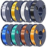SUNLU 250G*8 Silk PLA+ Filament Pack, 250g per Spool, 8 Rolls | Black+White+Light Gold+Silver+Yellow Brass+Red Copper+Blue+Gr