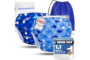 ‎KIDVERSE KIDVERSE 2er Set Schwimmwindel Baby 0-3 Jahre - Hautfreundliche Schwimmwindeln wiederverwendbar & saugstark - Baby Schwimmwindel mit Tasche & Wäschenetz (Blau Haie & Wale 2er)
