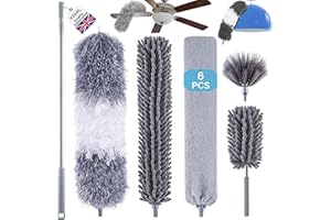 VZOXL Feather Duster 6Pcs Kit with 30-100 Inch Telescopic Extension Pole,Detachable Bendable Washable Duster for Cleaning Dust Cobwebs on High Ceiling Fans Lights Blinds Cars Furniture (Grey)