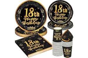 PARTY GO Set di 96 Piatti di Carta per Feste di Compleanno - 18° Colore Nero e Oro - per Bambini, Decorazione da Tavolo per 24 Ospiti