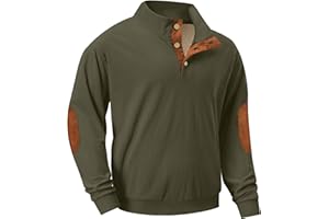 QIXING Mens Corduroy Fleece Lined Sweatshirt Quarter Button Stand Collar Jumper Warm Winter UK with Elbow Patch