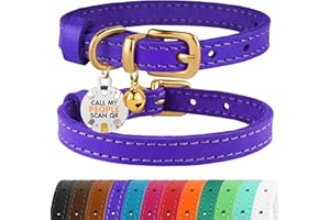 BRONZEDOG Collar de cuero para gato con campanas extraíbles, etiqueta QR para gatito no separable para niñas y niños (gatos/mini perros de 9 a 12 pulgadas, morado y dorado)