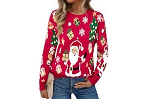 Aseniza Jersey Navidad Mujer Suéter de Punto Manga Larga Jerseys Navideños Ugly Christmas Sweater Invierno Cuello Redondo Patrón de Fawn