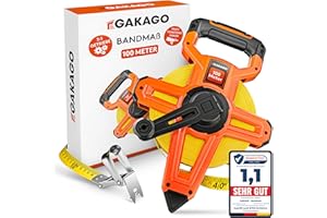 Gakago Bandmaß 100m - 3-fach übersetztes Rollmaßband mit klappbarem Hebel - Ergonomischer & rutschfester Maßband Haltegriff - Masbandrolle mit Messpunkt-Markierspitze und flexiblen Messhaken