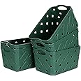 ASelected 5 Pack Plastic Woven Storage Basket With Handles, Small 24x16x14cm, Beautiful Fashionable, Skin Pattern Cross Woven, For Kitchen, Living Room, Office, Bathroom, Bedroom, ( Green )
