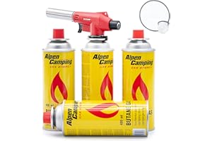 ALPEN CAMPING Vulcano - Chalumeau à souder - Allume-gaz - Lampe à souder avec allumage piézoélectrique pour cartouches de gaz (brûleur à souder avec 4 cartouches)