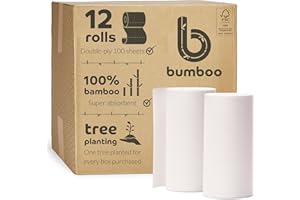 Bumboo |100% Bamboo Kitchen Rolls | Pack of 12 Rolls (2-Ply) | Multipurpose, Plastic-Free, Eco-Friendly, Super Absorbent, Strong & Sustainable