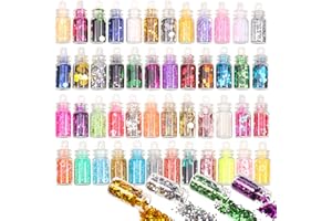 metagio 48 Farben Mini Glitzerpulver Set, Chunky Glitter Glitzer Pulver Glitzerpuder Zum Basteln für Make-up, Karten, Nagelkunst, Party, DIY, Musik Festival