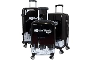 Trendyshop365 Hartschale Koffer-Set 3-teilig mit Flugzeug Städte Motiv - Fly The World schwarz - 4 Rollen