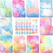 Papel De Carta Y Sobres Estilo Acuarela - 24 Hojas + 12 Sobres, Tamaño 19.3x13.5 Cm, Diseños Coloridos, Para Invitaciones O Cartas
