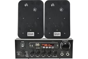 LOOPS SMART HOME BLUETOOTH 2 SPEAKER SYSTEM - 2x 70W Black Wall Mounted Speakers & 110W Stereo HiFi Amplifier - *ECHO/ALEXA* - Wireless Background Music Player Amp Kit - Bar, Restaurant, Clubs, Pubs, Cafés