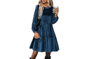 ZEAGOO Robe Velours Femme Manche Longue Élégante Automne Hiver Robe Col Rond Uni Mini Robes Taille Haute Décontractée Robes avec Poches S-XXL
