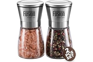 FUSION FOOD CARE Fusion Food Salt and Pepper Grinder Set – Refillable, Adjustable Coarseness, Mess-Free Stainless Steel & Glass Salt and Pepper Mills Grinder Set for Kitchen - Fresh Spices & Seasoning
