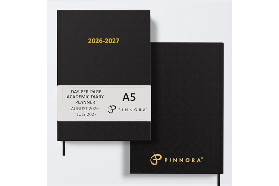 Pinnora A5 Black Academic Diary 2026-2027 Day per Page, Hard Cover, August - July Dated Academic Planner, Ideal Student & Teacher Planner 2026-27, University, Revision, Study, To-Do Lists