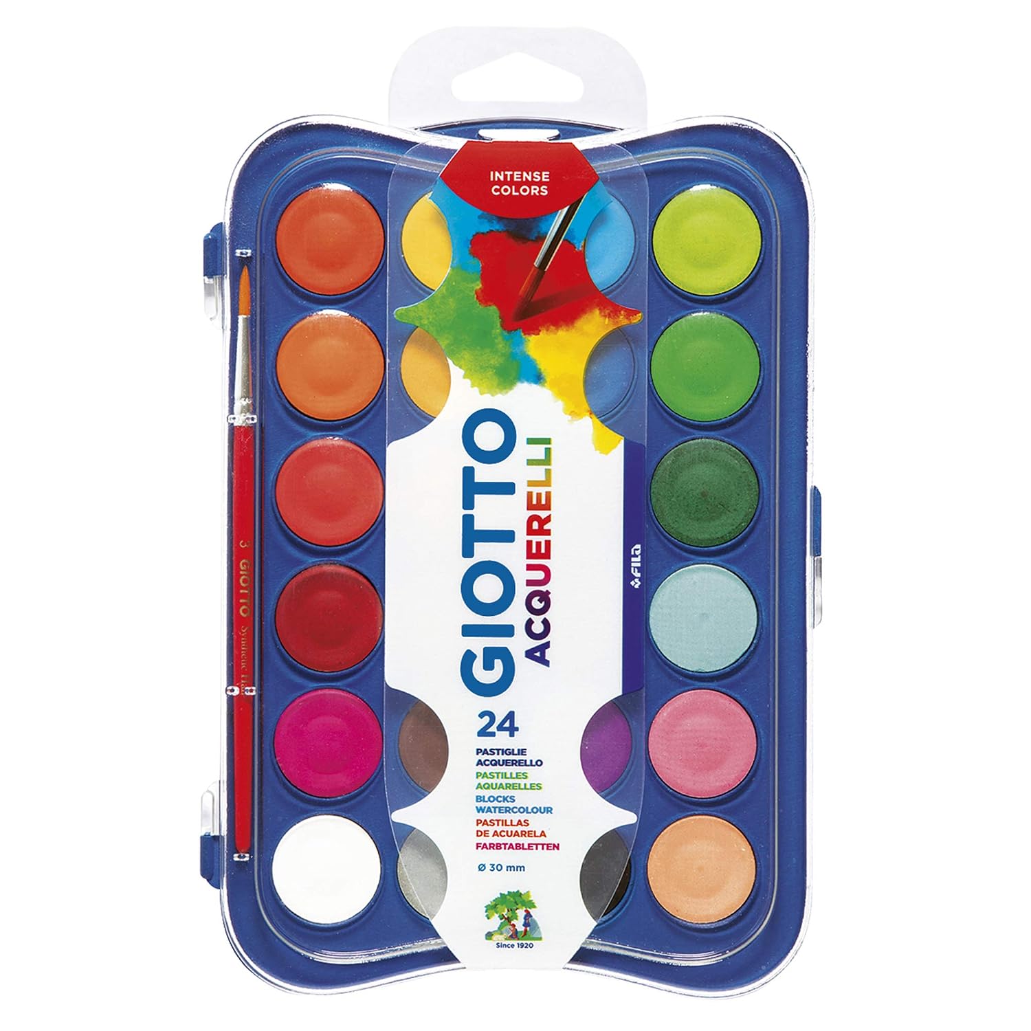 Giotto Acquerelli Tempere Ad Acquerello + 1 Pennello, 30 Mm, 24 Unità, Confezione Da 1, Multicolore (Confezione da 1)