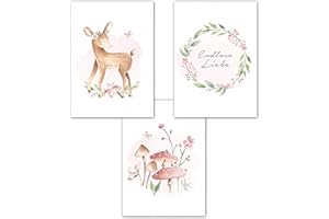 DOUBLE CRITICAL Lemmami Papeterie 3er Set Wandbilder Kinderzimmer Babyzimmer Poster Bilder DIN A4 Mädchen Jungen Deko Dekoration Waldtiere Reh Blume Spruch (3er Bilder Set Rosa, Pastell, Wanddeko)