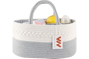 WHATWEARS Baby Nappy Caddy Organiser, Cotton Rope Woven Multifunctional Caddy-Nursery Storage Bin Nappy Toys Storage Basket with Changeable Compartments, Newborn Shower Gift Diaper Tote Bag(Grey)