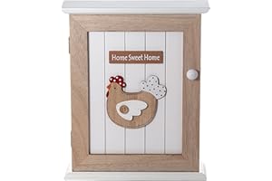 SPOTTED DOG GIFT COMPANY - Armadietto Portachiavi da Parete con Motivo Gallina - Decorazione per l'ingresso - con 6 Ganci - in Legno - Naturale/Bianco, 18 x 6 x 25 cm