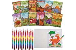 JWTRSVTY 24 PCS Mini Livres Coloriage Dinosaures Enfants, Set De Livres De Coloriage De Dinosaures, avec 12 Livres D'coloriage D'animaux Dinosaures et 12 Crayons Empilables(8 Couleurs En 1)