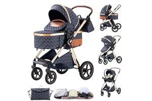 BEBBY Cochecito de bebé 3 en 1，Carrito Bebe 3 en 1 Con Asiento De Auto, Portátil, apoyabrazos ajustables, Carricoche Combinado Paisaje Alto Marco de Aluminio Para Recién Nacido (Blue-6, H2)