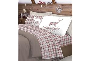 PELLECCHIA 1969 Set Lenzuola Calda Flanella, Made in Italy Fantasia Natalizia Scozzese Cervo (Rosso, Matrimoniale)