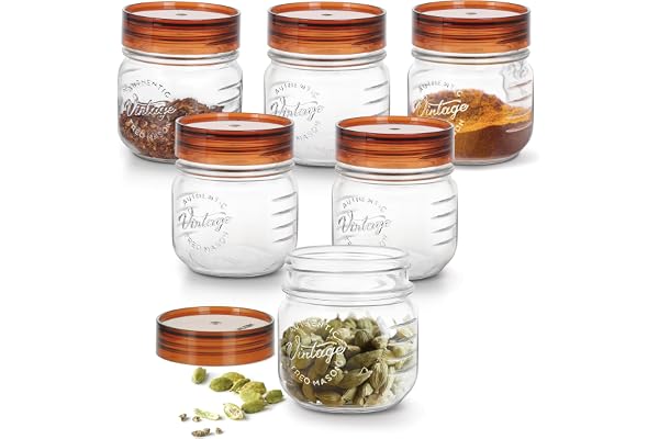 Treo By Milton Vintage Glass Jar With Plastic Lid, set of 6, 300 ml, Transparent Storage Jar Kitchen Organiser Modular Food Safe Transparent Refrigerator Safe Air Tight