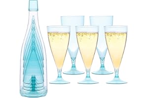 FNG8 Bicchieri Flute Plastica Champagne Blu (x5) 150 ml Calici in Plastica Rigida Riutilizzabili con Bottiglia Contenitore - Calici Plastica Rigida Lavabili per Feste e Picnic - Senza BPA
