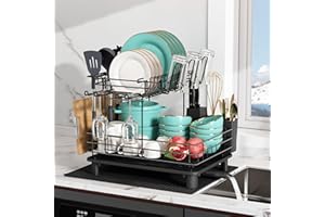 MAJALiS Kitchen Dish Drying Rack, 2 Tier Dish Drainer for Kitchen Counter, Stainless Steel Dish Strainer with Drain Board, for Dishes, Bowls, Cups, Knives, Forks, Cutting-Board, Spatula,Black