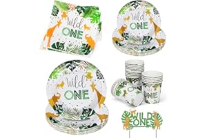 ZALOIFE Wild One Partygeschirr, Waldtier Partyzubehör Set, Teller Becher Servietten Cake Topper, Dschungel Safari Party Deko für Mädchen Junge Baby Shower Geburtstag Mottoparty, Serviert 20 Gäste