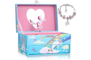 Yeshone Unicorn Music Jewelry Box, Blue Music Box and Pink Unicorn Bracelet for Christmas Birthday