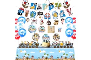 WILDPARTY 156PCS Piraten Kindergeburtstag Deko Geschirr Set, Teller,Banner, Tischdecke,Luftballons,Servietten, Kuchendeckel,hängende Wirbel, Cupcake Toppers,Aufkleber,Piratenparty Geburtstag Deko Jungen Mädchen