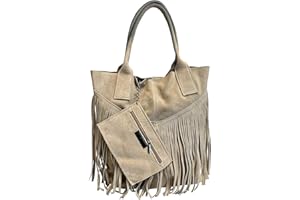 Modarno Borsa shopper da donna in vera pelle scamosciata con frangia più custodia per gioielli dello stesso colore - Borsa a mano - Borsa a spalla