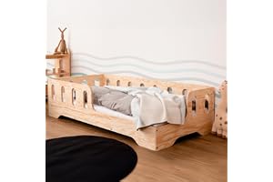smartwood Barnsäng 90x200 cm med Fallskydd, av Furuträ, Naturlig, TILA 1P | Montessori säng för barn, ribbotten upp till 230 kg, FSC-certifierad, rundade kanter, enkel montering, från 3 år