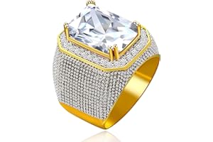 Uloveido Anillo de boda para hombre, chapado en oro, con corte esmeralda, ónix simulado, anillo de boda súper grande con circonita cúbica para hip hop, RA408