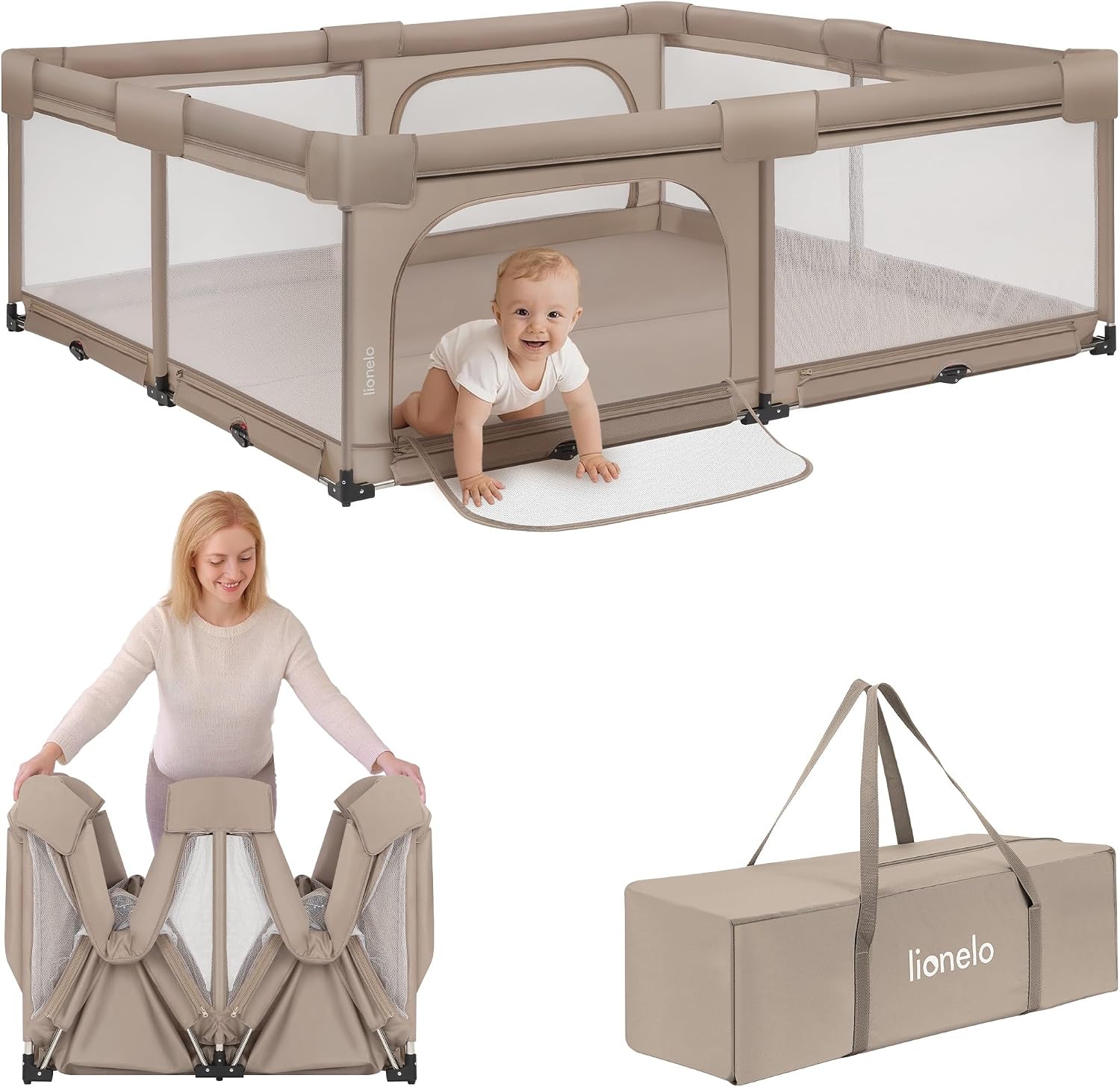 Lionelo Florence XL Easy Fold Parque Infantil Bebé Plegable, Corralito Bebé XL con Rejilla Transpirable, sin Montaje, 2 Entradas con Cremallera, Bordes Acolchados y Fácil de Limpiar, 180 x 200 cm