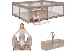 LIONELO Florence Easy Fold XL Large Folding Playpen for Baby (0-48 months), 180×200 cm, 2 Side Doors with Zipper, Breathable Mesh Walls, Stable Construction, Includes Carry Bag, Beige